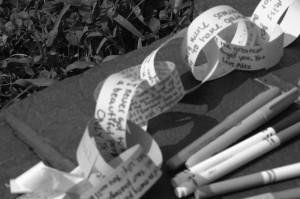 Students and faculty wrote memories of Lily Romando and connected them to a chain that was given to her father.