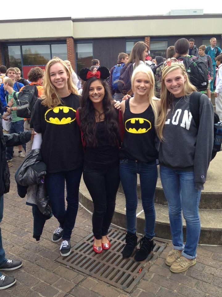 Seniors Lizzie Marks, Sapna Desai, Kelsey Cross, and Anna Buhle pose on Thursdays Costume Day.