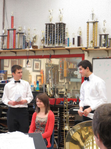 Sophomore Gus Truslow and Junior Tim Schauer perform poetry for senior Rachael Stukenborg during 4th period.