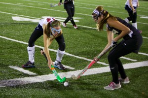 Freshman Catherine Mayo block-tackles ball with a member of the opposing team in a home game against Monticello High School on Oct. 24. The Lady Patriots lost, the end score being 1-5.