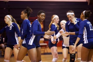 Senior Alexus Anderson motivates the Albemarle girls at home in their 3-0 victory over Halifax in the Conference championships on Nov. 11.
