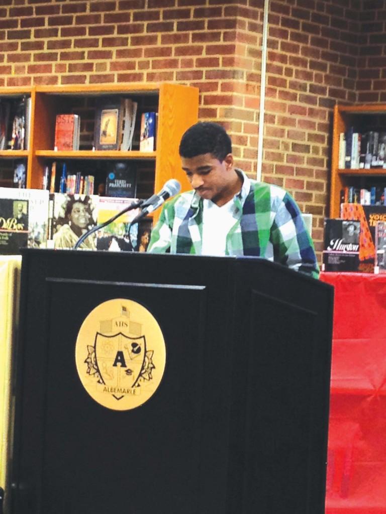 Senior Desmond Jones, a member of the Ethnic Studies class, presents his speech on Malcolm X.