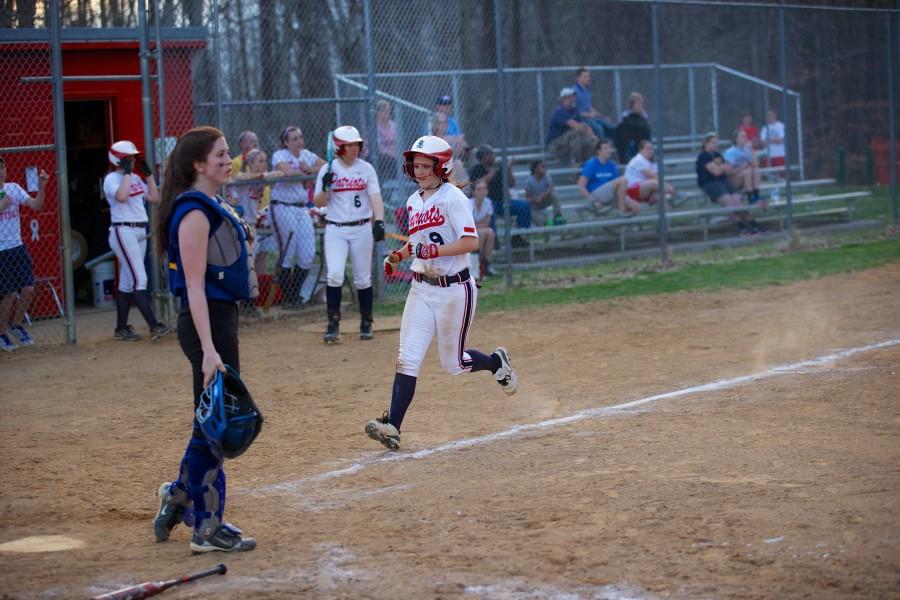 Senior pitcher Emily McAllister trots home for one of Albemarle’s 14 runs in a blowout win over Western Albemarle 14-4 on April 11.