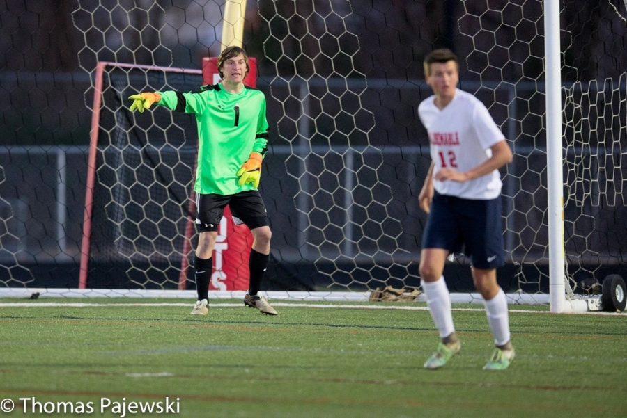 Keeper Thomas Leckrone (1) directs the defense against Mountain View on March 23. Albemarle lost 3-4.  