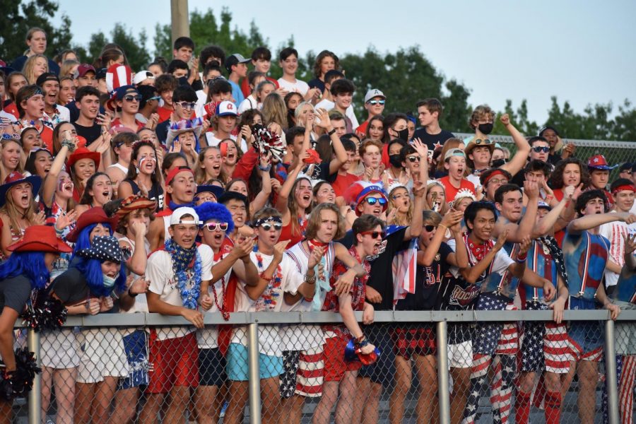Patriots cheer on the football team in the packed student section during the Aug. 28 game against Harrisonburg. The packed student section raised concerns amid rising numbers of Covid cases. 