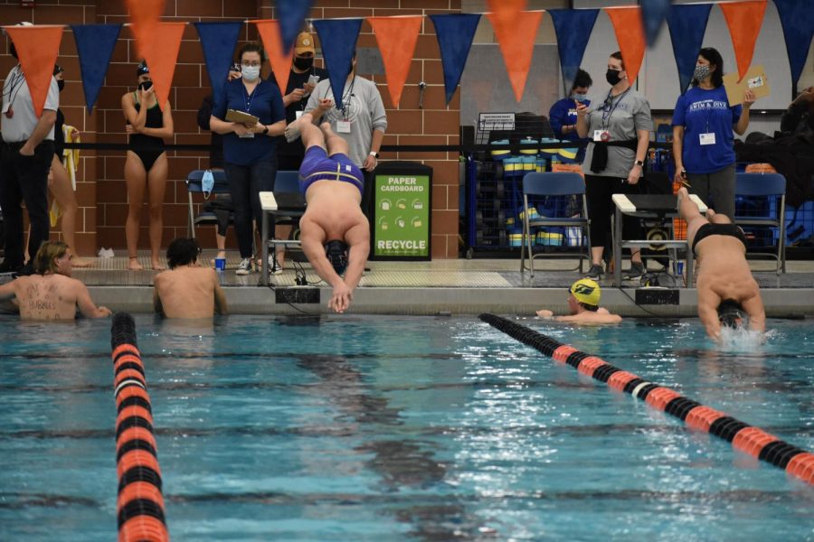 Senior Ryan Katstra dives into his lane at the start of the boys 50 freestyle. Kastra was in Heat 7, finishing with a time of 23.79 seconds and placing in the top 20 overall.
