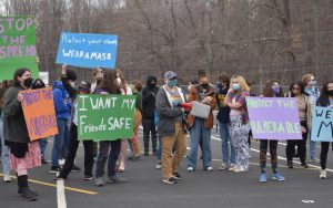 Albemarle students gather in a walkout on March 1 to protest the lifting of the mask mandate in schools. 
