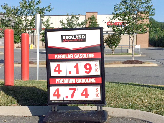 Costco displays its gas prices after the Memorial Day holiday weekend. Gas prices are at least $1.50 more per gallon than they were a year ago. 