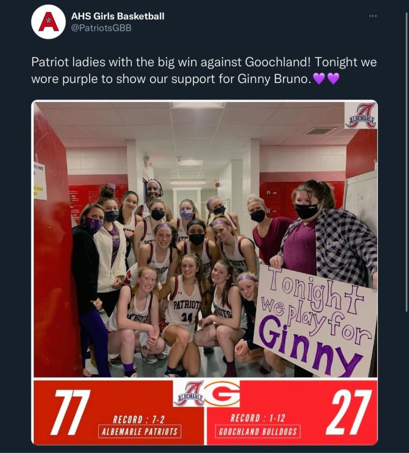 Albemarle High School girls basketball team shows support for Ginny during their game against Goochland.