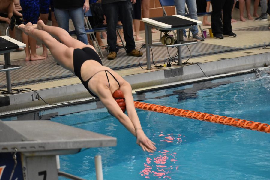 Freshman Sara Czirjak dives into the pool to compete in heat two of the girls 500 yard freestyle event with teammates freshman Angelina Hoang and sophomore Sara Wells. Together the team placed third in this heat. 