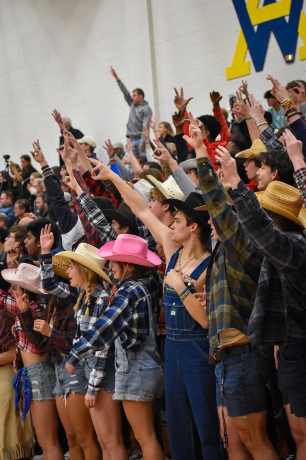 AHS fans put up three fingers as a Patriot player attempts a three-point shot in the first half. 