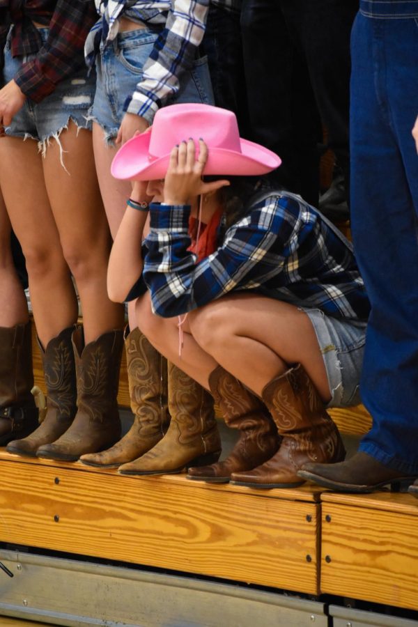 Senior Lily Williams crouches in the stands as the game time reaches two minutes with AHS down by two points.