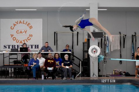 Sophomore Rio Freitas flips herself off the diving board at Regionals. Freitas came in third place at the meet. 