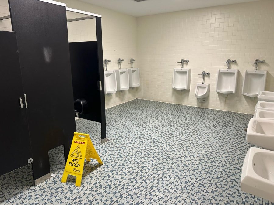 A look inside of the current downstairs boys MESA bathrooms.