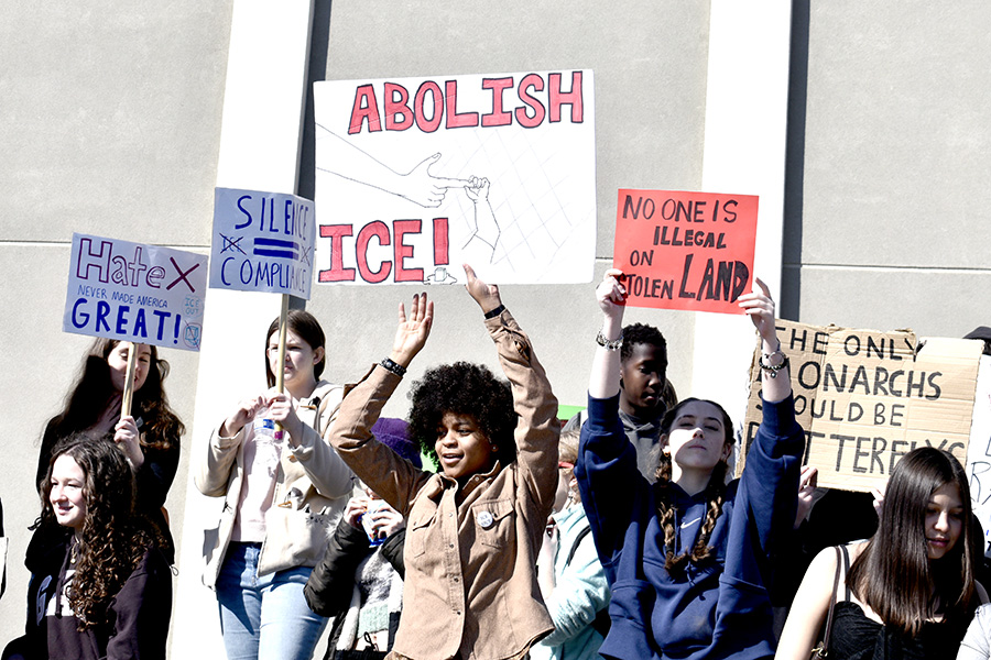 Students conclude their walkout at the Stonefield. They continued to demonstrate for another hour.