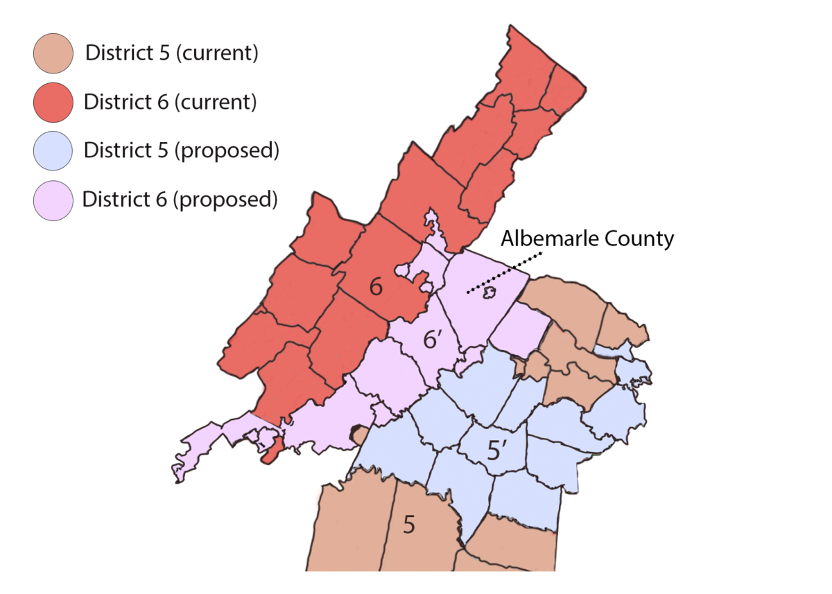 The proposed redistricting amendment would greatly shift the size and scope of districts to favor Democrats, including moving Albemarle from the 5th to 6th District. (Composite image)